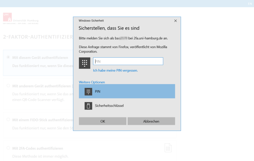 Screenshot Zwei-Faktor-Authentifizierung