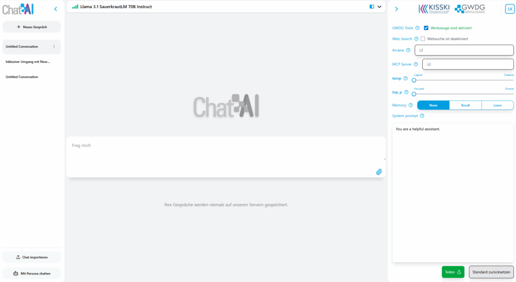 Screenshot der Anwendung Chat AI. In der Mitte der Chat-Bereich, auf der rechten Seite Einstellungsoptionen