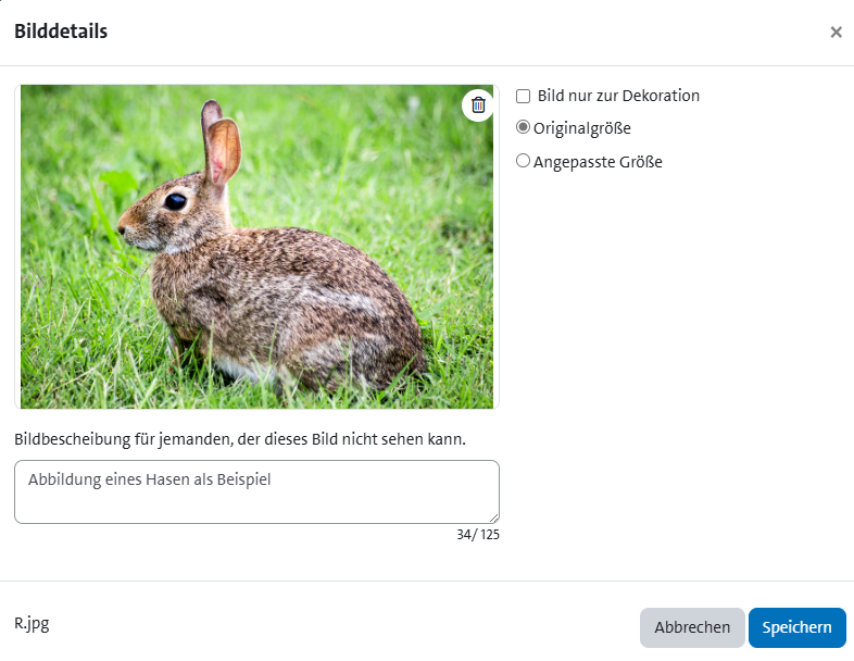 Das Eingabefeld für einen Alternativtext erscheint bei Moodle beim Einfügen einer Bilddatei.