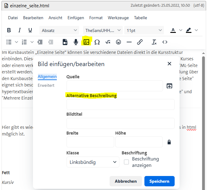 Abbildung des HTML-Editors in dem Kursbaustein "Einzelne Seite" auf der Plattform Openolat. Die Schaltfläche für das Einfügen eines Bildes und das Textfeld für das Einfügen einer Alternativen Beschreibung sind in der Abbildung gelb markiert.