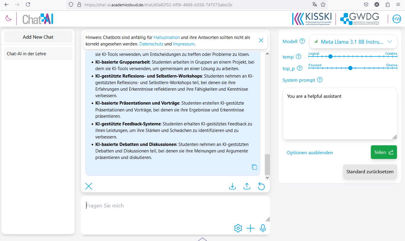 Screenshot der Anwendung Chat AI. In der Mitte der Chat-Bereich, auf der rechten Seite Einstellungsoptionen