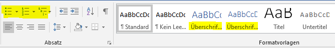 Abbildung von Schaltflächen für Listen und Überschriften in der Software Word