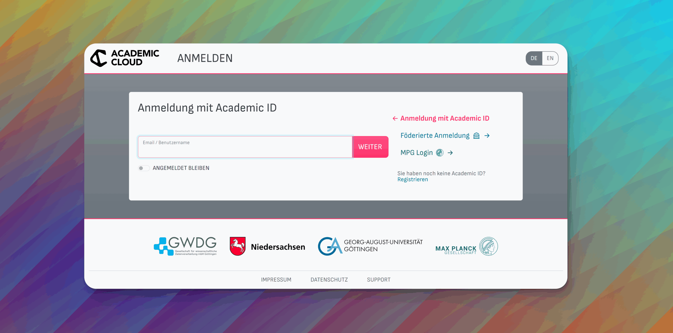 Dieses Bild zeigt die Anmeldeseite für die Academic Cloud.