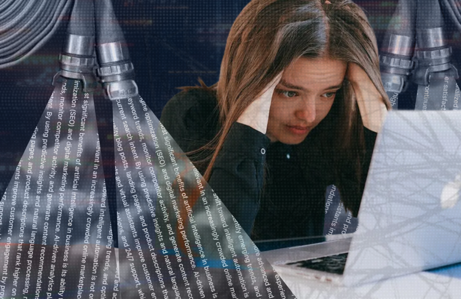 A collage of a female office worker seated at a desk surrounded by stacks of paperwork while multiple firehoses spray streams of fiery liquid around her.
